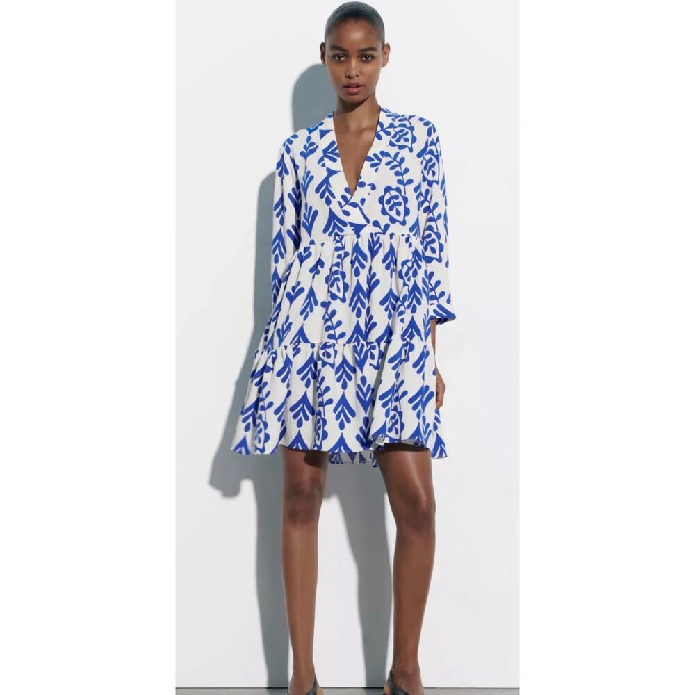 Zara V Neck Elbow Sleeve Tiered Mini Dress Blue Size Small